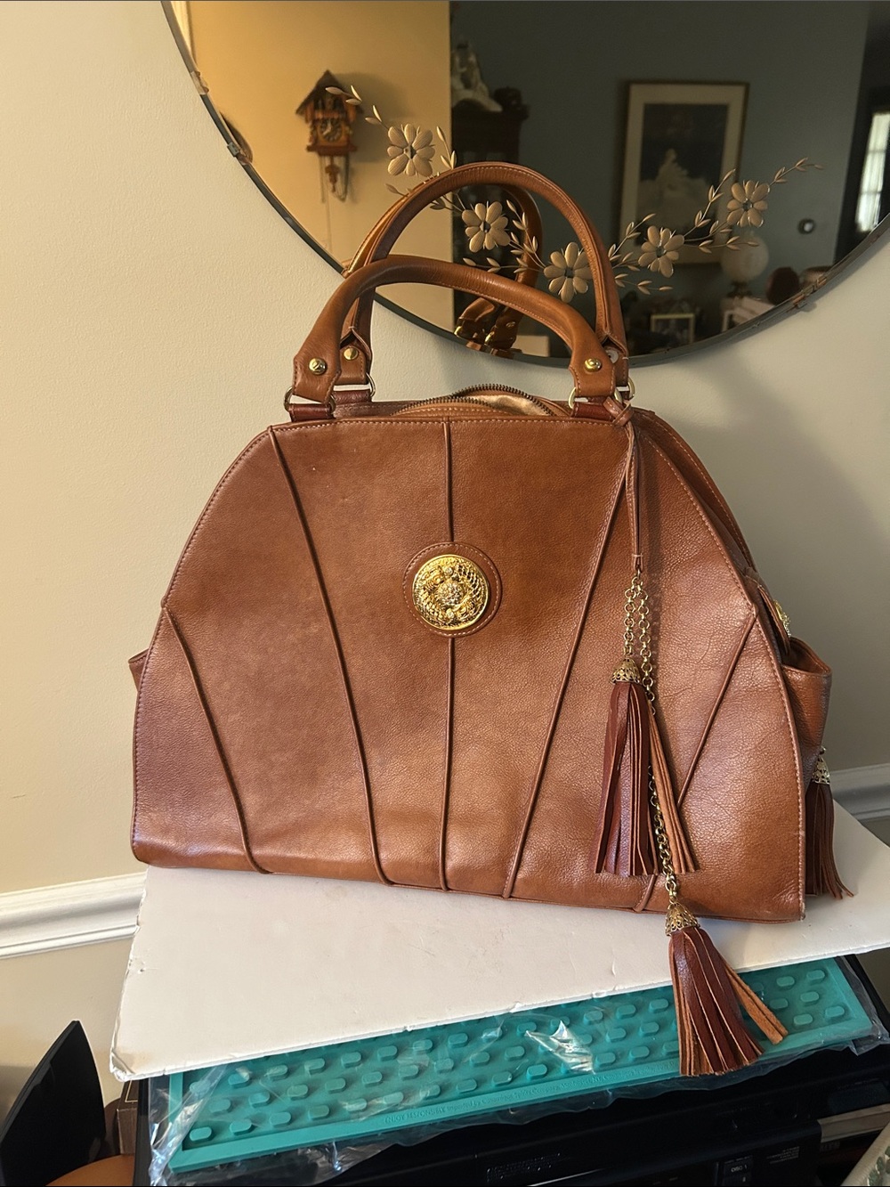 Large Brown Leather Michelle Monroe Tote Handbag with Tassel Accents